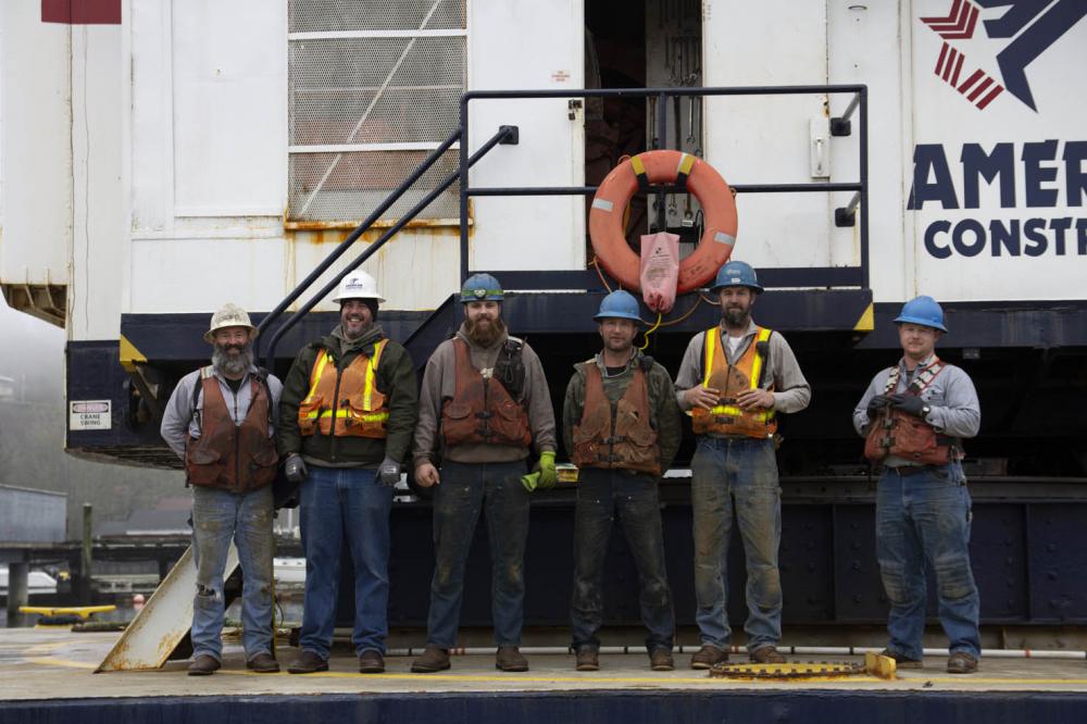 Crew Members left to right; Josh (Operator), Aaron (Superintendent), Travis, (Mechanic) John, (Pile Driving Foreman), Craig (Pile Driving Foreman) and Rob (Pile Driving apprentice)